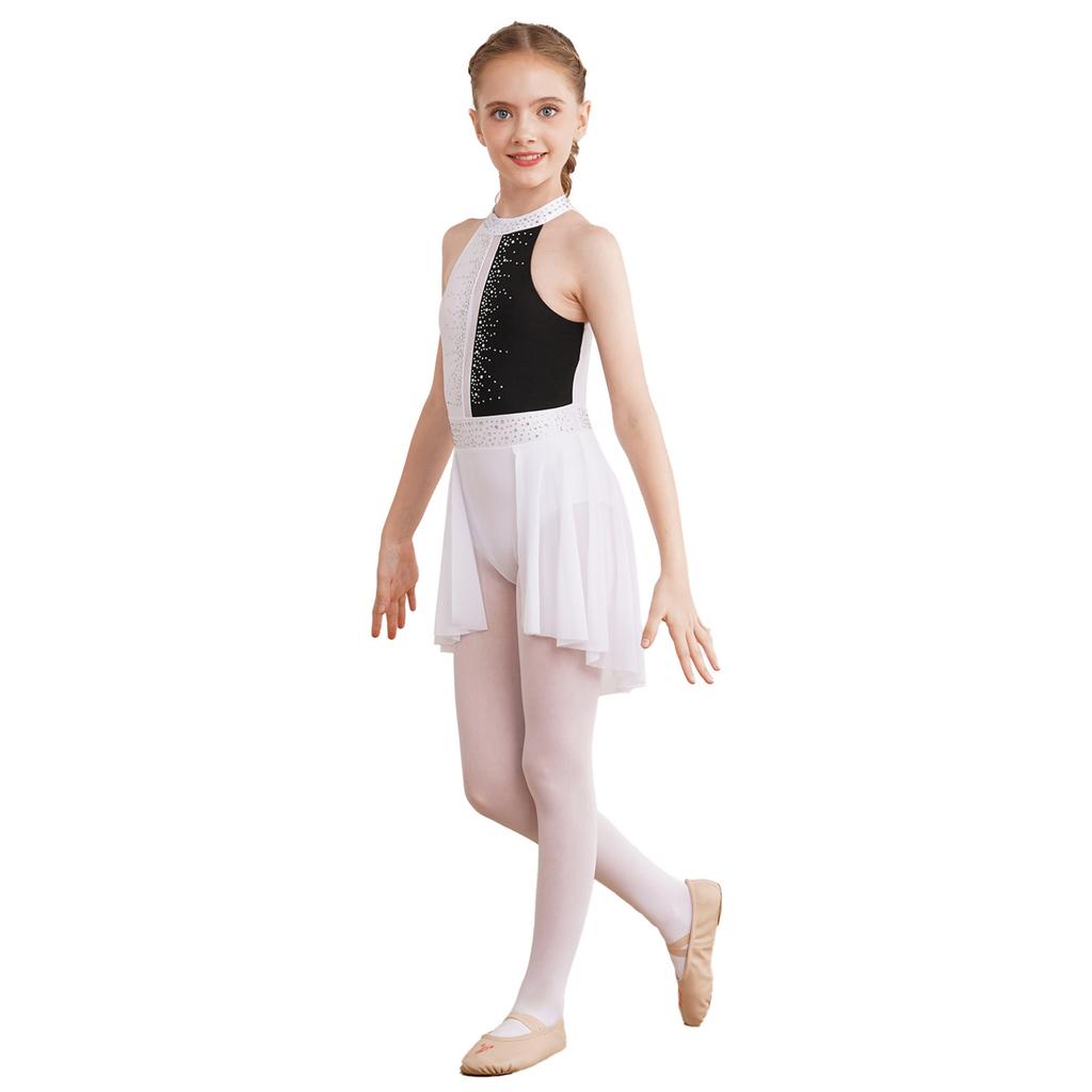 Girls Lyrical Dress Shiny Rhinestone Decor Sleeveless Irregular Hem Dance Leotard Dress Kids Dancewear