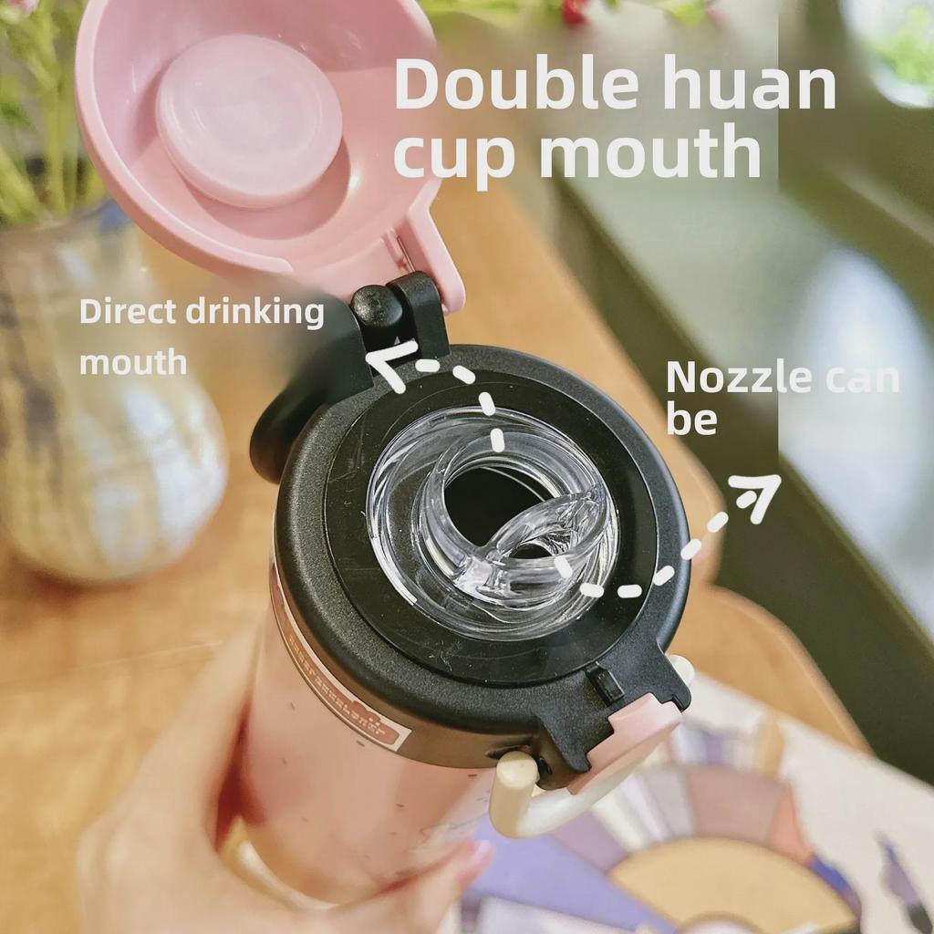 Очаровательная мультяшная термокружка: Портативный, удобный для использования в школе, из нержавеющей стали с откидной крышкой и двойной трубочкой для питья