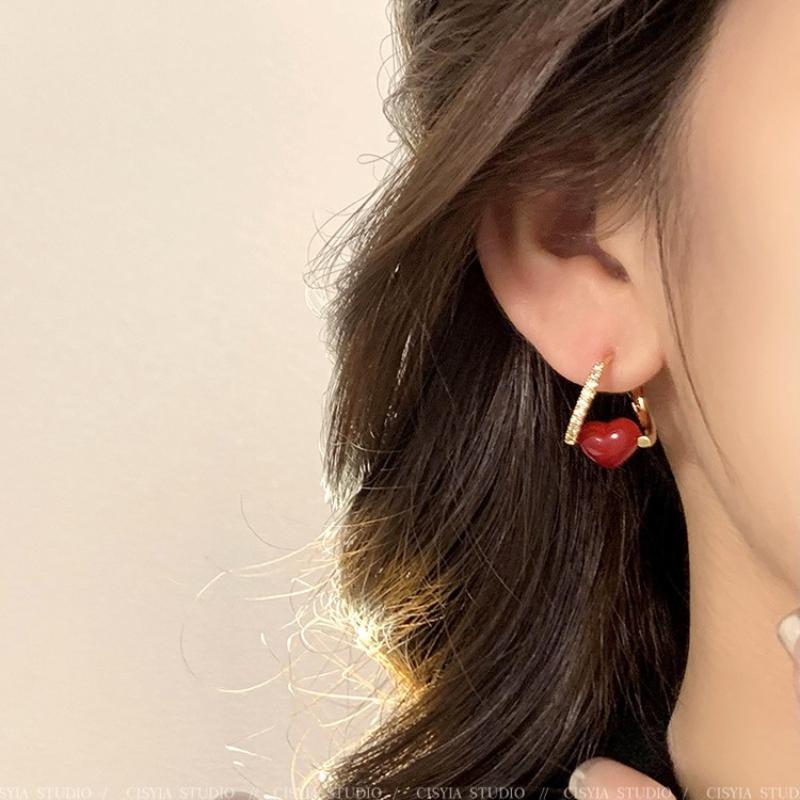 Французская ретро-винно-красная капля масла Love с микроинкрустацией цирконом и геометрической пряжкой для ушей