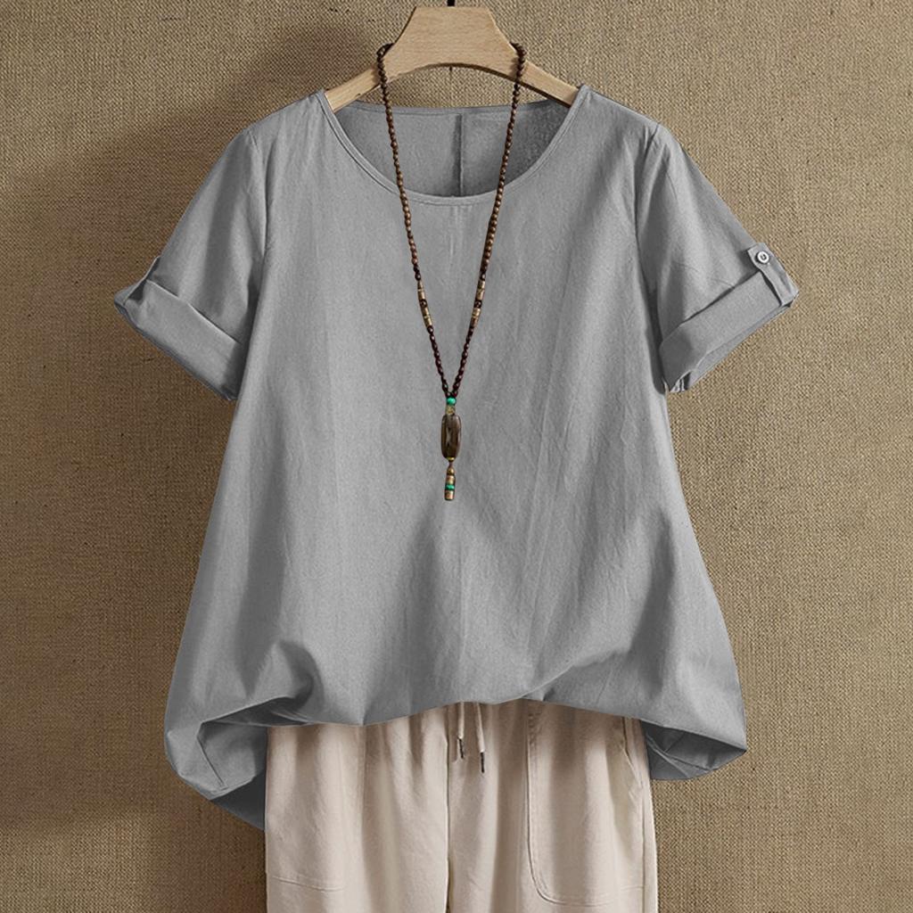 Womens Shirt Round Neck Short Sleeve Blouse Tops Fashion Solid Color Loose Casual Summer Tops