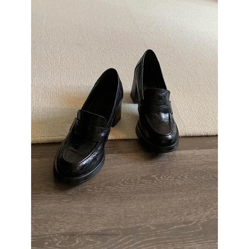 Sheepskin Version~ Commuter Retro High Heels Women's Black One-pedal Leather Loafers Simple British Style Small Leather Shoes