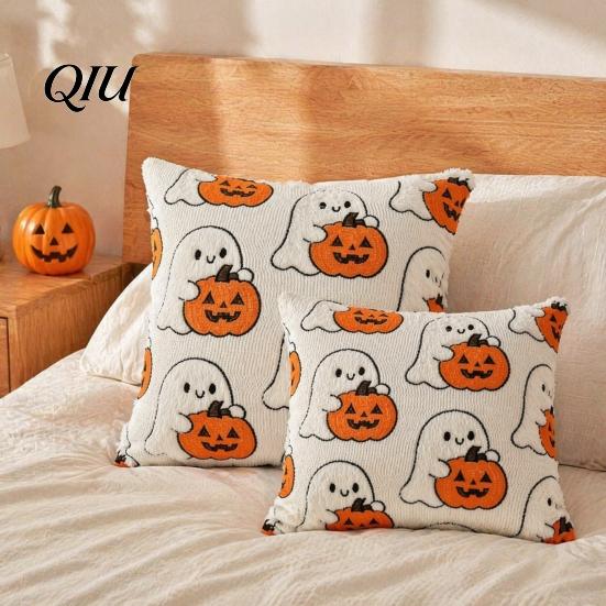 Spooky Halloween Party Decor Ghost Pumpkin Cushion Cover, Throw Pillow Cute Covers Embroidered Case, Soft Plush Pillowcase for Couch Sofa Bedroom