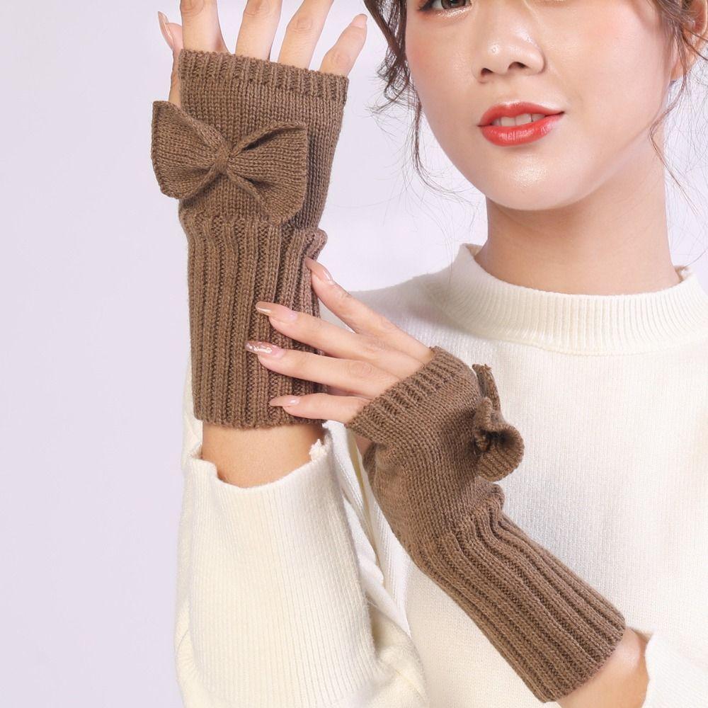 Велоперчатки Перчатки вязаные бантом Перчатки с половиной пальцев Модные перчатки с косичками Девочки