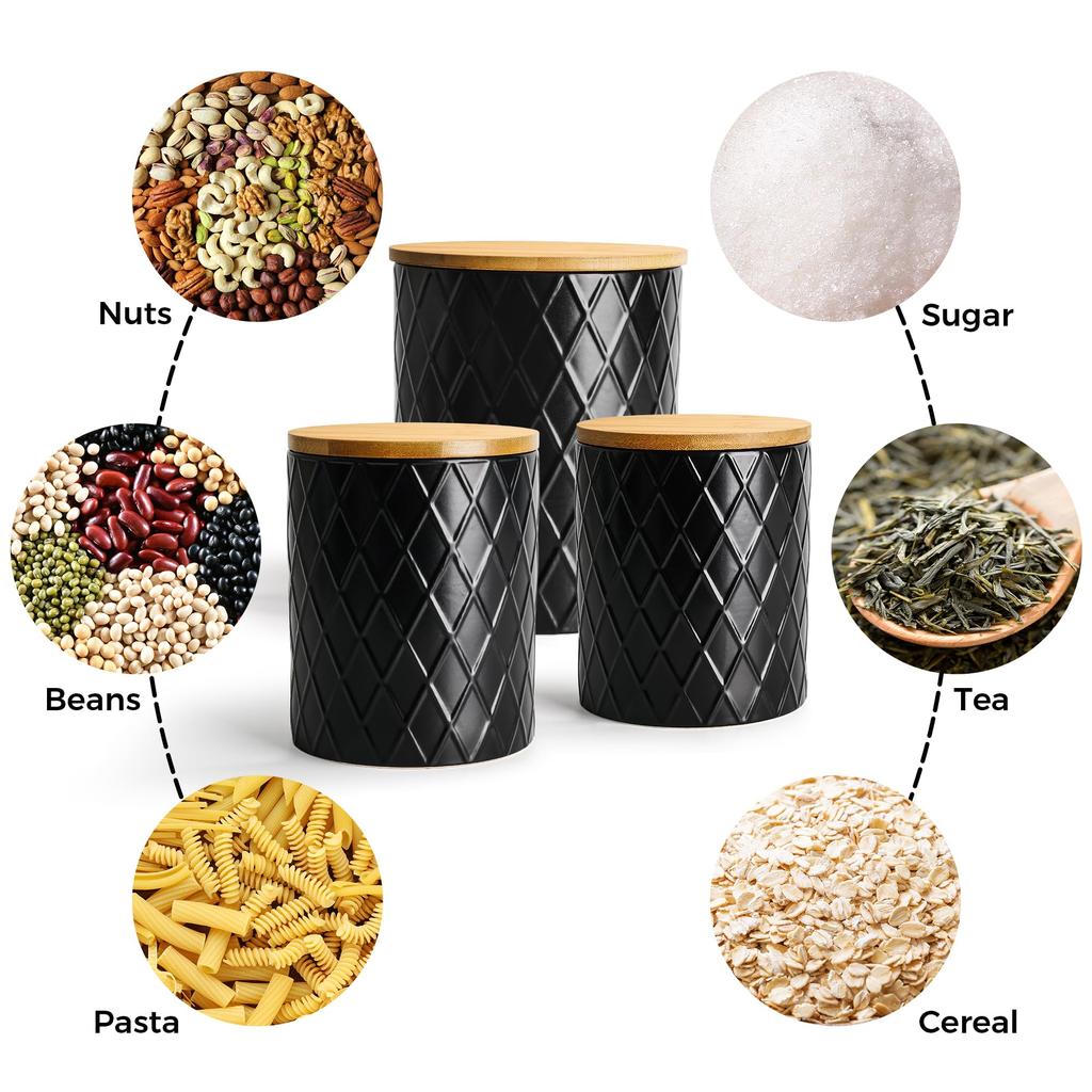 Набор из 3 керамических контейнеров для кухни MIAMIO с деревянной герметичной крышкой. Идеально подходит для хранения: кофе, чая, сахара, муки, соли и т. д.. (черный)