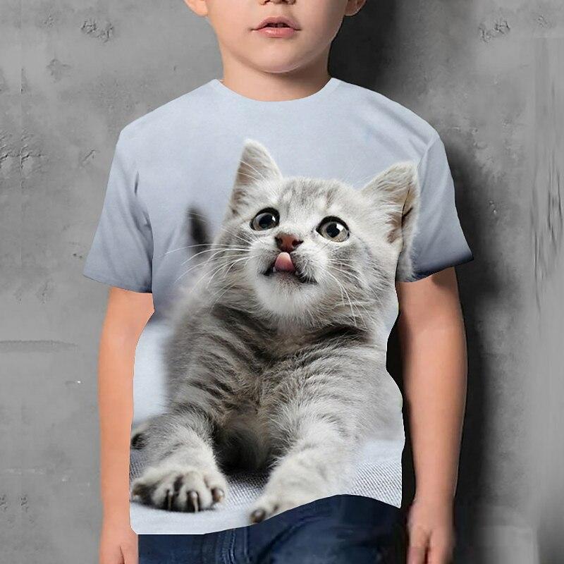 Summer Round Neck 3D Cute Cat Printed Top Fashionable Casual Short Sleeved Children's Boy T-shirts