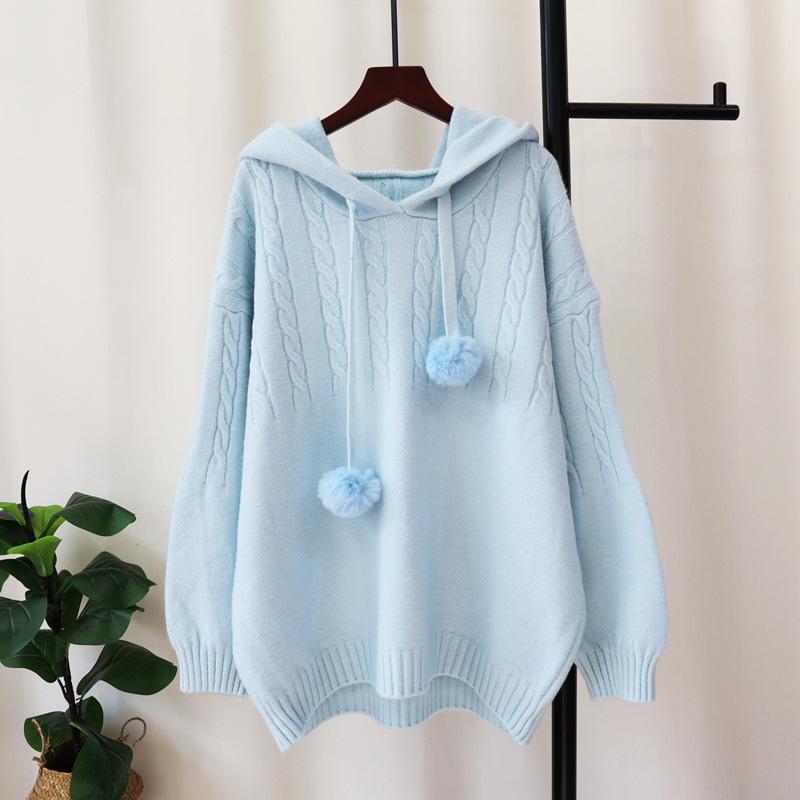 Hooded Soft Waxy Knitted Sweater Top Autumn and Winter New Loose Milk Fufu Lazy Wind Sweater Pullover Woman