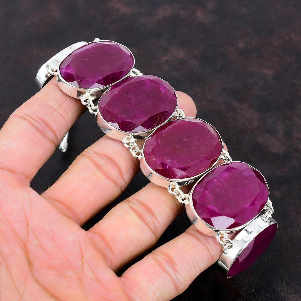 Faceted Kashmir Ruby Bracelet Real Gemstone Jewelry 925 Sterling Silver Bracelet Adjustable Chain Bracelet Anniversary Gift Handmade Jewelry