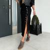 Women Denim Skirt High Waist Buttons Placket Solid Color Midi Skirt Irregular Slit Design Mid-calf Length Skirt