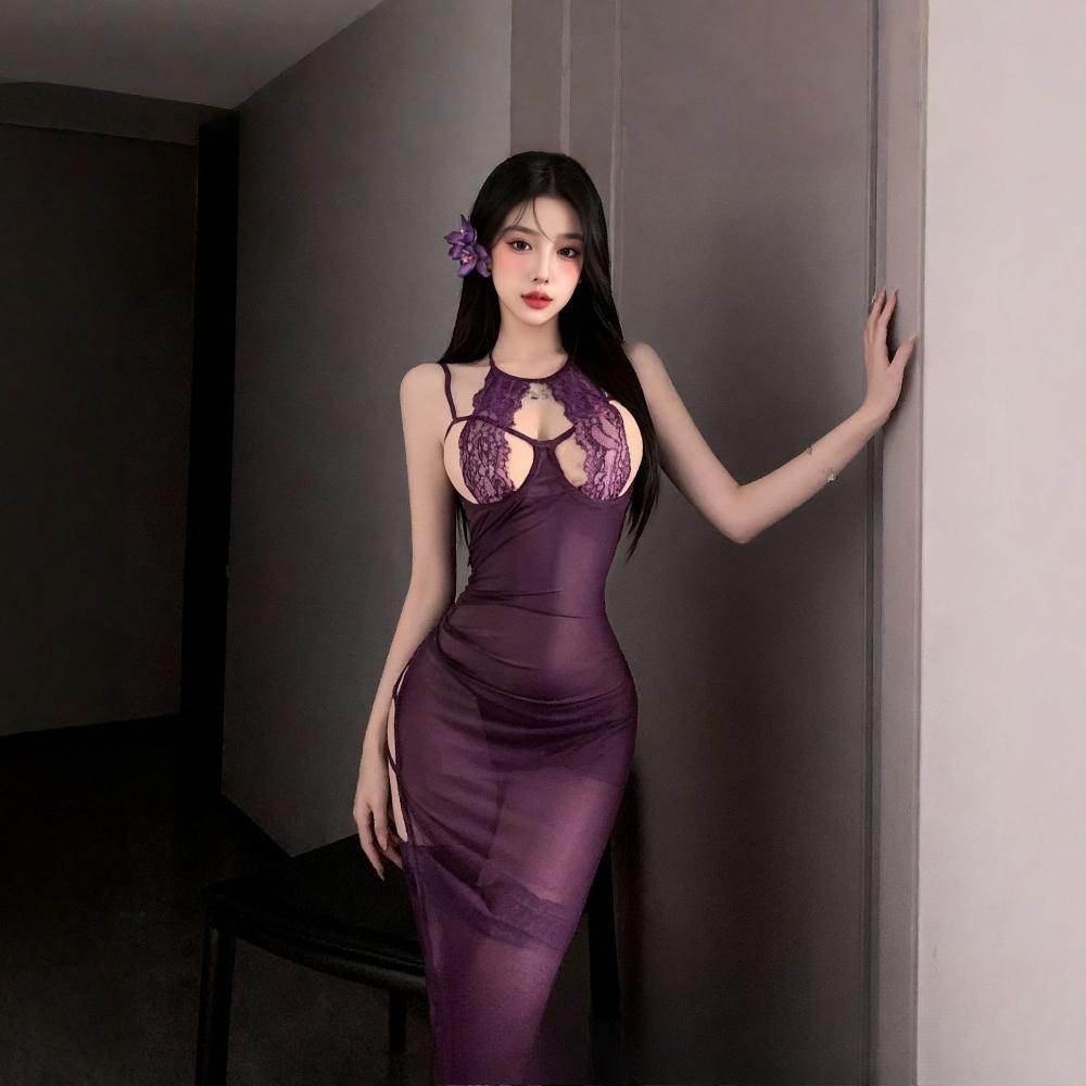 Lace Suspender Long Dress Sexy Purple Lingerie Uniform - Slim Fit High Slit Erotic Nightgown for Women