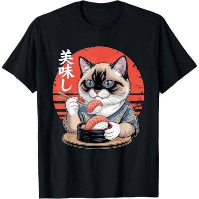 Японский сиамский кот ест суши Кавайный аниме-кот Футболка