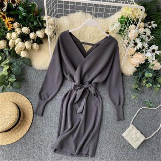 Stylish New Autumn Winter Bag Hip Sweater Dress Female Chic V-neck Bandage Dresses Sexy Women