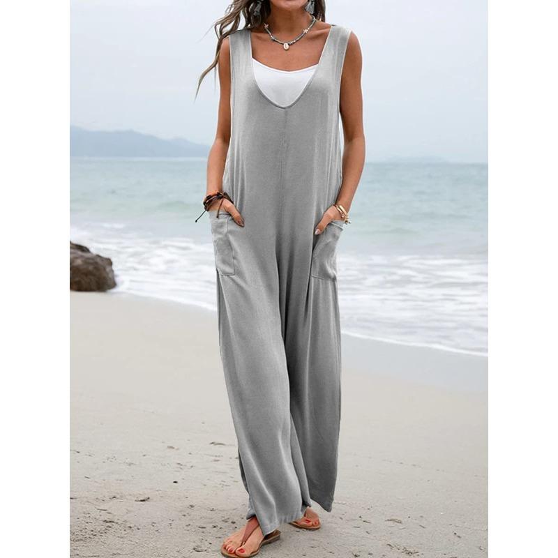 YYFS Женская мода повседневная летняя весна однотонная без рукавов с V-образным вырезом свободная талия брюки комбинезоны и комбинезоны