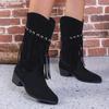 Fashion Autumn Winter Tassels Women Western Cowgirl Boots Fashion Elegant Belt Buckle Shoes Thick Heel Laides Mid Calf Booties