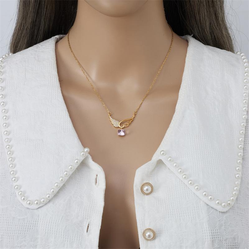 Trendy Shiny Zircon Angel Wings Choker Necklace Stainless Steel Chain Jewelry Gifts for Women Teen Girls