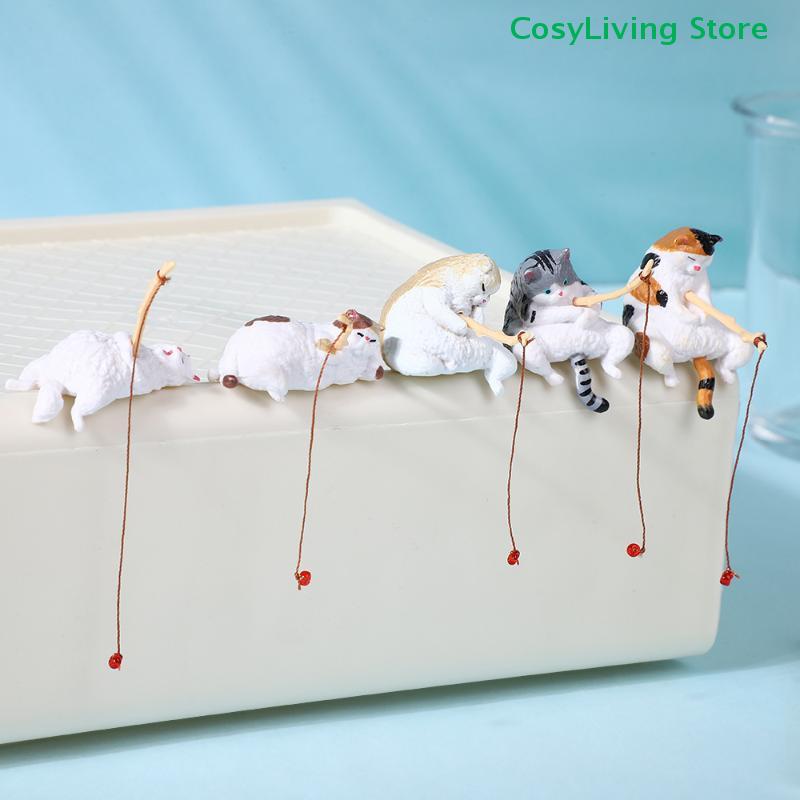 1/5Pcs Hanging Fish Tank Fishing Cat Landscape Decoration Creative Aquarium Fish Tanks Ornament Miniature Figurines