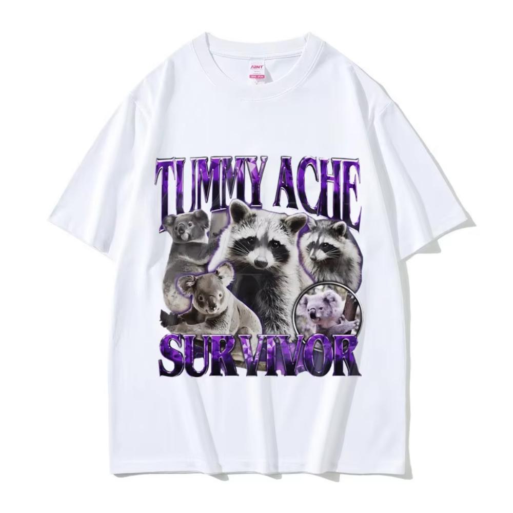 Tummy Ache Survivor Vintage Raccoon Funny Meme T-shirts Men's Women Casual Cotton Oversized Streetwear Male Vintage Short Sleeve