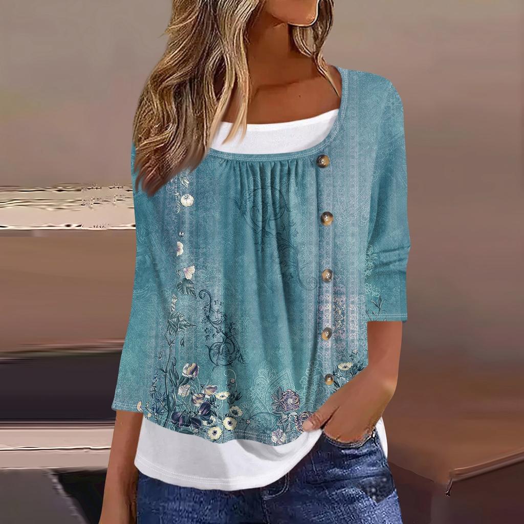 Women's T Shirt Tee Print 3/4 Sleeve Fake Two Pieces Daily Weekend Fashion Basic Regular Top