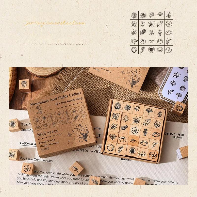 25 Pcs Plant Butterfly Weather Flower Week Wooden Rubber Stamp Scrapbooking Deco DIY Craft Standard Wooden Stamps Set