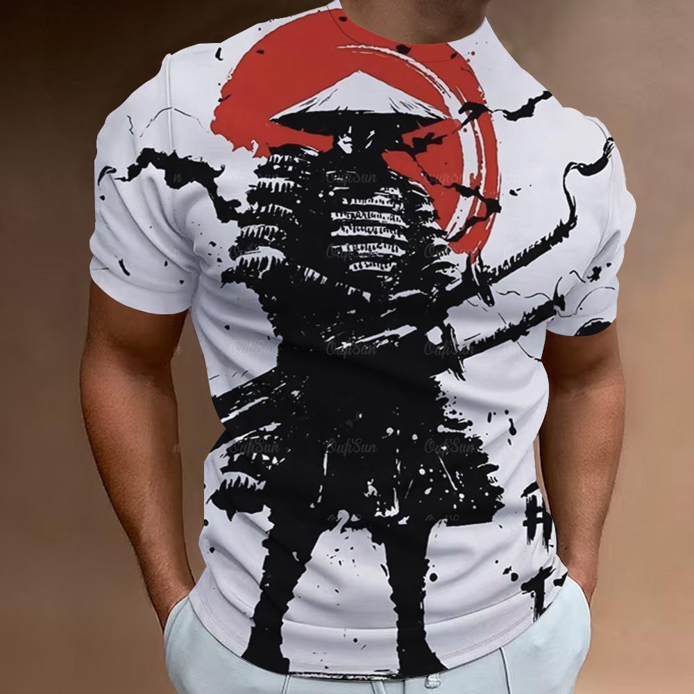Japanese Samurai Print Short Sleeve T-Shirt For Men Retro Men's T-Shirt Street Fashion Man Clothes Loose Oversized Tee Tops 2024