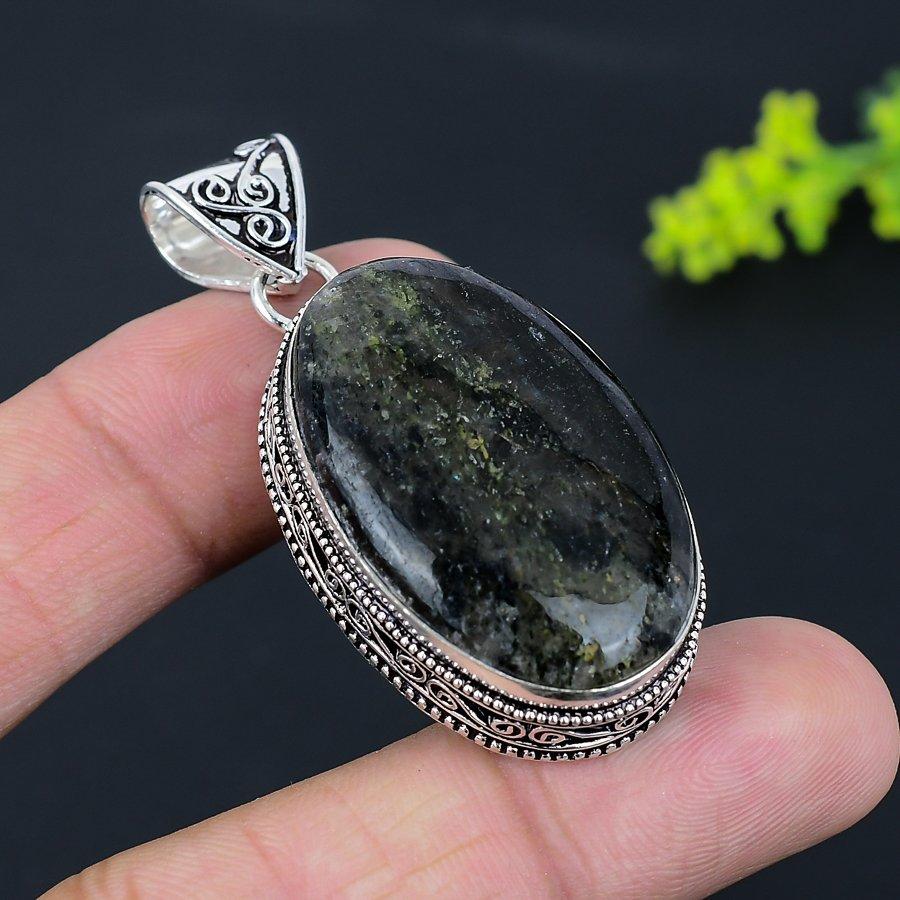 Lodolite Quartz Gemstone Handmade 925 Sterling Silver Jewelry Pendant 2.17" d2C15