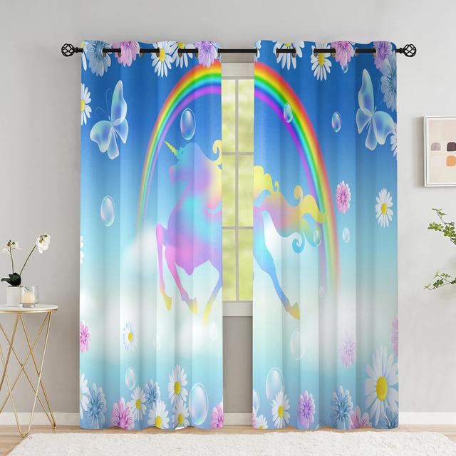 Шторы с летающим единорогом для гостиной, волшебный замок, детская комната, шторы для мальчика, радужное небо со звездами, оконная занавеска с высоким затенением