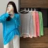 Striped Ice Silk Long Sleeved T-shirt for Women In Winter Thin and Loose Design Round Neck Versatile Knitted Sun Protection Cover Shirt