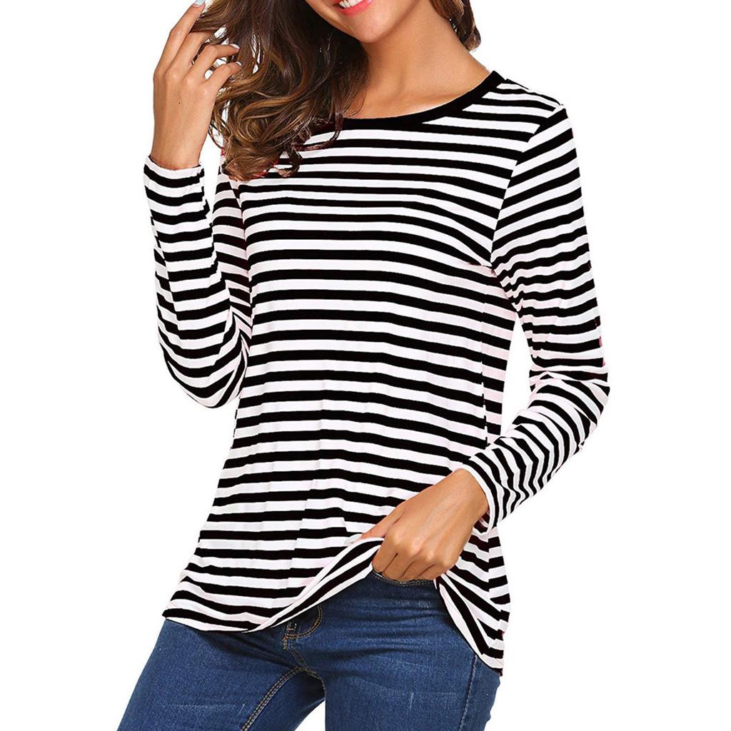 Women's Casual Long Sleeve Round Neck Striped Loose Fit T-Shirt