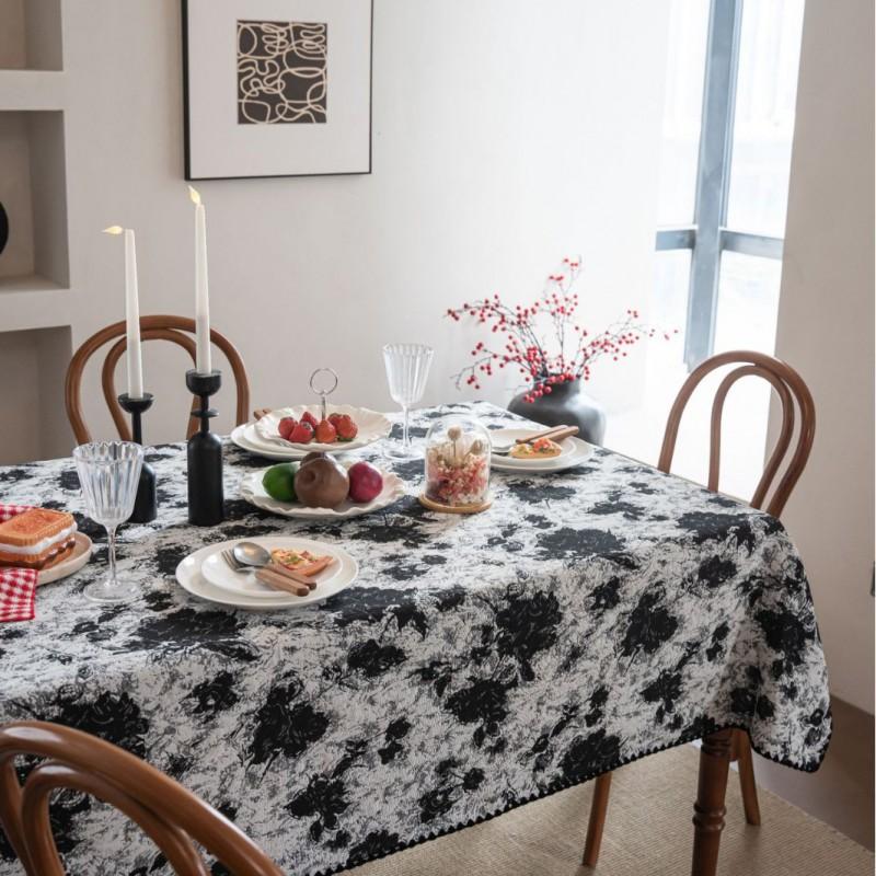 ImanQiYun Jacquard Tablecloth Black Color Block Floral French Style Rectangular Table Cover Dining Room