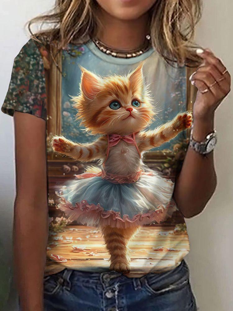 Летние Милые Кошки Танцуют Балет Футболки 3D Печать Женские Мужские Короткий Рукав Круглый Вырез Футболка Топы Харадзюку Y2K Унисекс Одежда