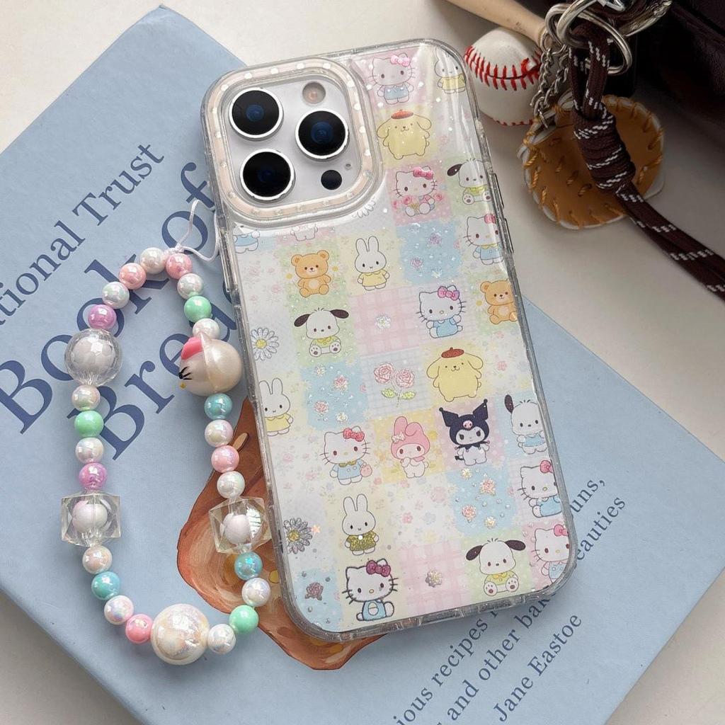 Glitter Cartoon Cat iPhone 15 Pro Max/17 Pro Case with Pearl Bracelet for Women