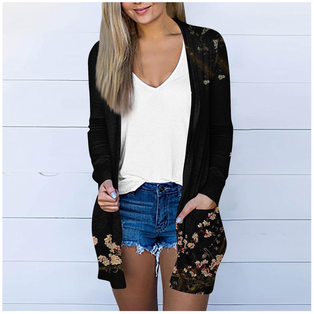 Женская модная свободная повседневная куртка-кардиган средней длины с длинными рукавами и принтом, топ
