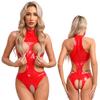 Womens Wet Look Patent Leather Bodysuit Mock Neck Sleeveless Tempting Catsuit Jumpsuit Nightwear