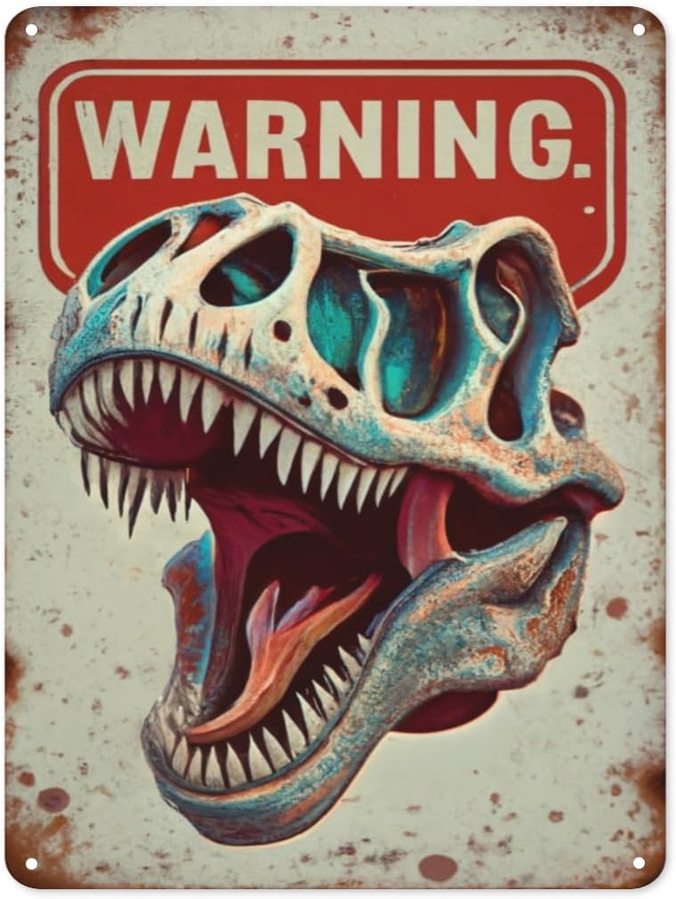 Mfoever Funny Beware of The Dinosaur Tin Sign Retro Metal Wall Decor Poster Vintage Sign for Home Bar Garage Garden Patio Porch Bathroom