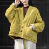 Women Linen Warm Short Cotton Clothes Vintage V-Neck Long Sleeve Loose Solid Color Autumn Winter Coats