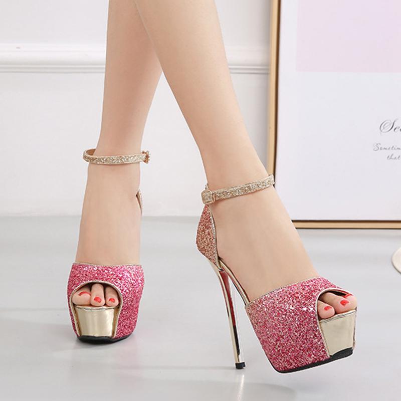 Fashion Bling Bling Thin High Heels Sandals Summer Women Party Shoes Glitter Sequins Peep Toe Cover Heel Sandales Sexy Creepers Platform