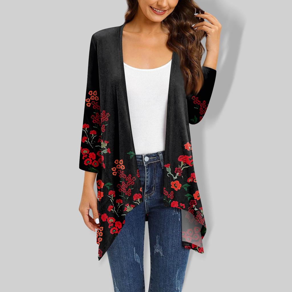 Женский кардиган неправильной формы с принтом, рукавами три четверти и карманной курткой