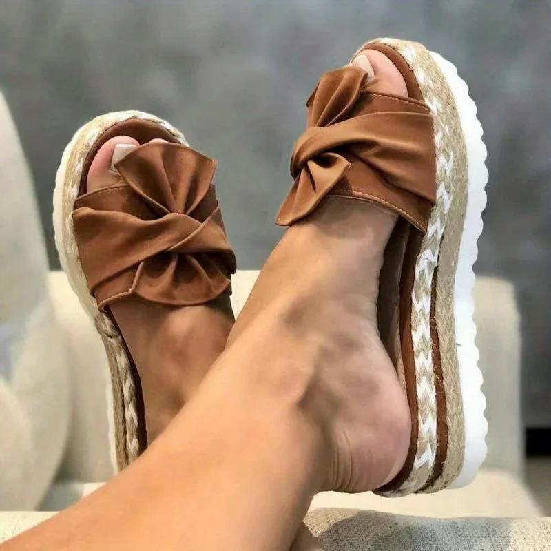 Women's Twist Knot Platform Espadrilles Slippers, Lightweight Open Toe Non Slip Beach Slides Shoes, Casual Outdoor Sandals 1688