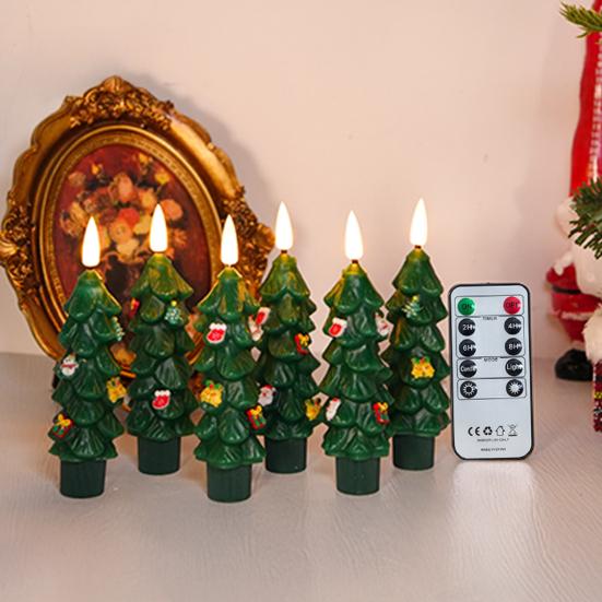 6Pcs LED Flameless Tree Taper Candles with Remote 5.12" Real Wax Flickering Candles with 3D Flame Wick Battery Operated Candlesticks for Holiday Decor