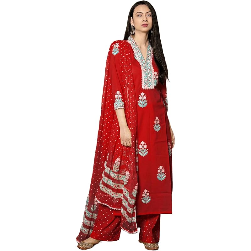 GoSriKi Women's Cotton Blend Straight Hand Block Printed Kurta with Pant & Dupatta (Belagavi Mustard-GS_XL_Mustard_X-Lar