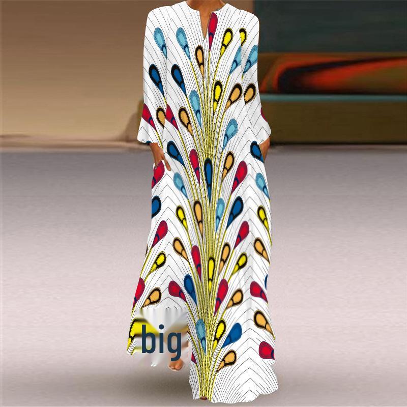 Женское платье макси с V-образным вырезом, длинными рукавами и принтом-карманом, весна/лето 2024