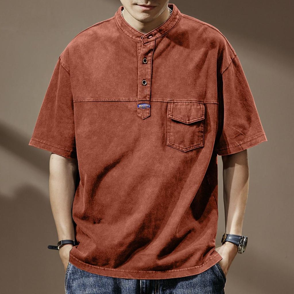 Мужская футболка с коротким рукавом, ферментированная, с ностальгической стиркой, рубашка-поло, высококачественная, свободная, трендовая, брендовая, с круглым вырезом, стиранная старая