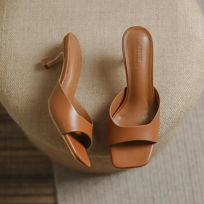 Fashion Bout carré talon haut été en cuir balle série sandales à talons aiguilles pantoufles pour femmes