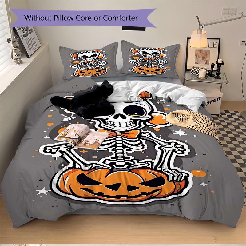 3pcs Pumpkin Skeleton Bedding Set - 1 Soft Quilt Cover + 2 Pillowcases, Machine Washable - Suitable for All Seasons, Perfect Gift for Family