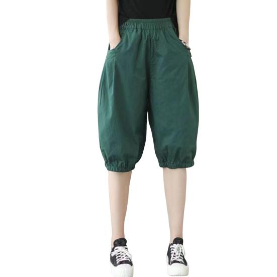 Women Shorts Mid-rise Elastic Waist Knee-Length Pants Solid Color Loose Fit Short Pants Streetwear