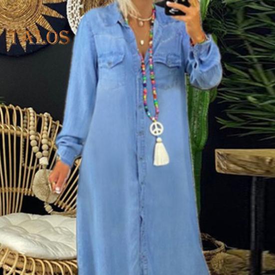 Осенне-весеннее женское платье однобортное с лацканами, свободный покрой, длинные рукава, нагрудный карман, разрез по низу, платье больших размеров, однотонное, на пуговицах, А-силуэт, повседневная одежда, макси