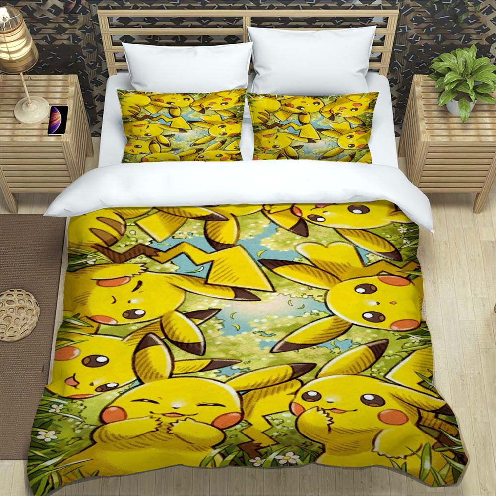 Classic Pikachu Print 3-Piece Bedding Set — Includes 1 Duvet Cover & 2 Pillowcases | Suitable for Adults & Children | A Warm Gif