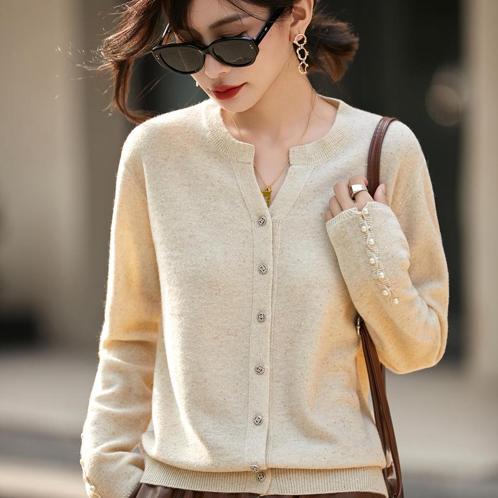 2026 Red Wool Cardigan with Sequins Lurex, Women's Long Sleeve Knit Sweater