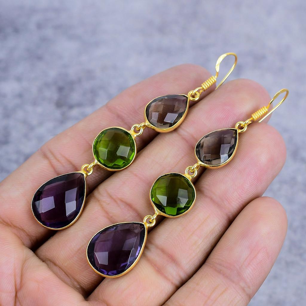 Amethyst, Peridot Gemstone 925 Sterling Silver Jewelry Earring 2.99" M-2646