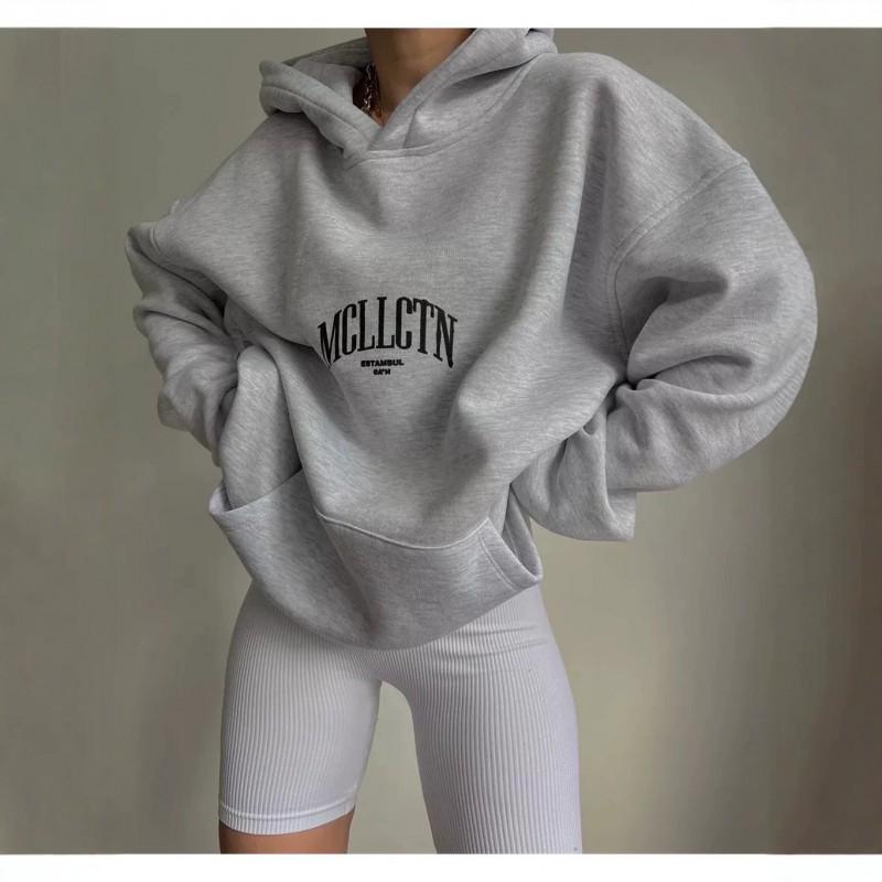 Womens Oversized Long Sleeve Hooded Sweatshirt With Letter Print Cotton Blend Casual Top