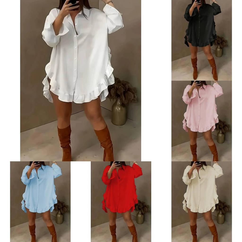 Pure Color Loose Fit Shirt With Ruffle Hem And Long Sleeves For Summer Casual Wear